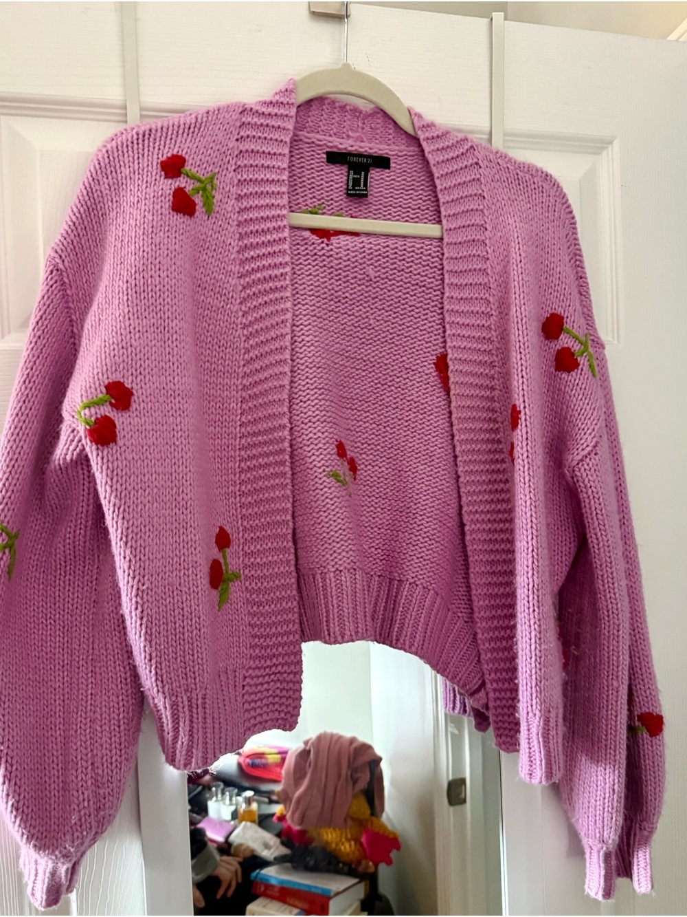 Forever 21 Chunky pink Cherry-Embroidered Open Cardigan Sweater